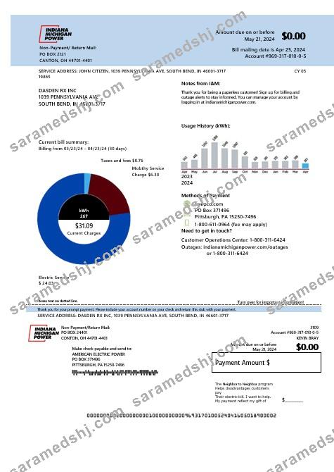 USA Indiana electricity business utility bill template in Word and PDF formats